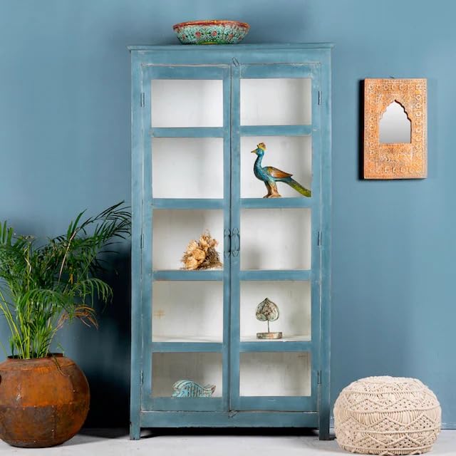 Pooja Art Enterprises Solid Wooden Hand Craved Sideboard Cabinet | Crockery Cabinet with 4 Door & Shelf Storage for Living Room, Kitchen, Hall & Home, Blue Finish, (H182 x W91 x D40cm)