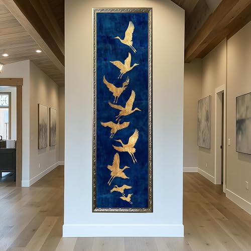 Affiches imprimées de grues japonaises tableau mural vertical bleu et or de 55x165cm