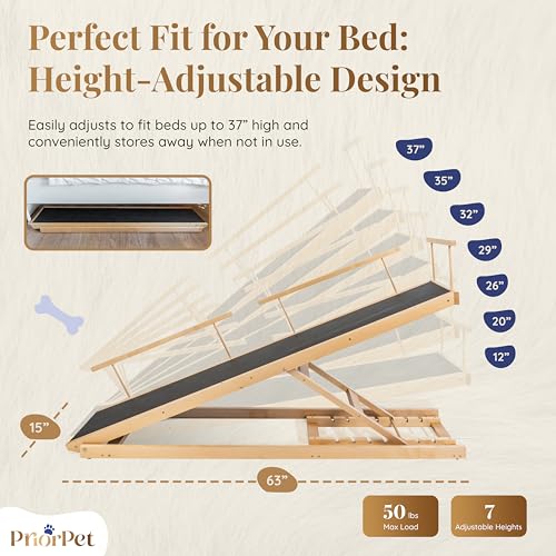 Dog-ramp-for-Bed-PRIORPET-Birchwood-Adjustable-Ramp-for-Dogs-to-Get-on-Bed-Dog-ramps-for-High-Beds-up-to-37-Inches–Foldable-Ramp-Anti-Slip-Grip-Safety-Rails-Small-Dogs-Up-to-120lbs–Natural Dog ramp for Bed PRIORPET Birchwood Adjustable Ramp for Dogs to Get on Bed Dog ramps for High Beds up to 37 Inches–Foldable Ramp Anti Slip Grip Safety Rails Small Dogs Up to 120lbs–Natural