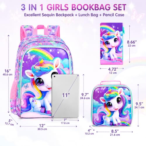 Image of HPJGD 3PCS Unicorn Backpack for Girls, Water Resistant Kids Bookbag Set with Lunch Box, Cute School Bag for Preschool Toddler