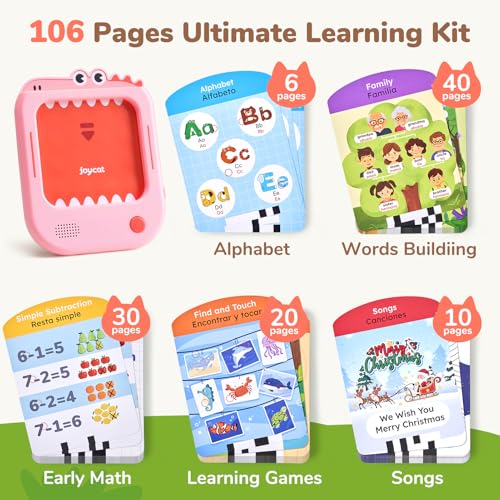 Image of JoyCat Bilingual Kids Learning Tablet, English & Spanish Talking Flash Cards with 106 Pages, 20 Interactive Games, Montessori Learning Toy for Alphabet, Words, Numbers & Songs, Gift for Toddlers 2-6