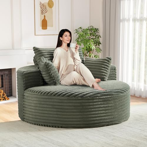 Oversized Round Chaise Longue Chair Indoor, Modern 55-inch Upholstered Corduroy