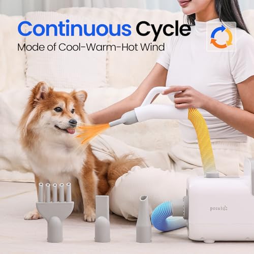 Pecute Dog Dryer, High-Velocity Dog Hair Dryer with Cool-Warm-Hot Cycle Mode, Dog Blow Dryer with Adjustable Speed & Temp, 4 Nozzles, Low Noise Pet Dryer for Grooming, Heat Resistant Hose, 6.5ft Cord - Image 3