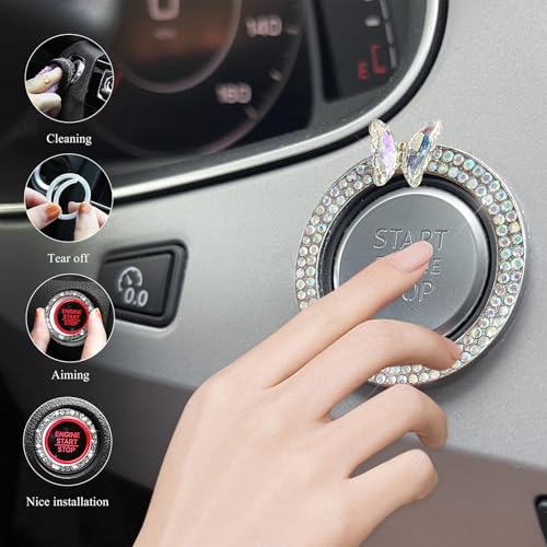 Image of DXNQ 2PCS Bling Ring Emblem, Sparkling Butterfly Car Buttons and Knobs Ring, Girly Butterfly Diamond Car Engine Start Button Cover, Key Ignition Knob Rings Decoration for Women (AB, Double Row)