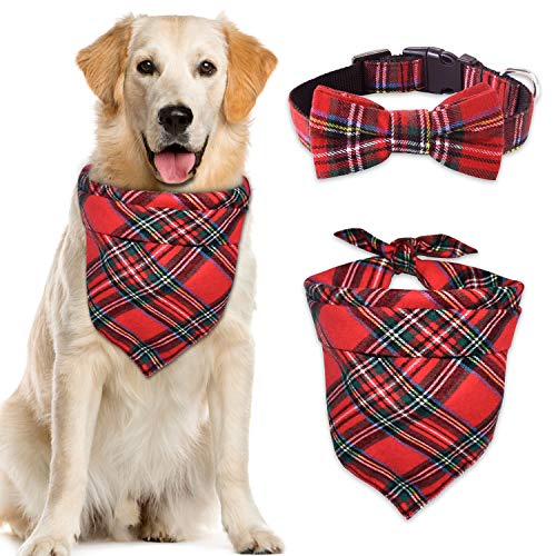 Malier Dog Bandana and Collar, Set Pet Christmas Classic Plaid Snowflake Dog Scarf Triangle Bibs Kerchief Adjustable Collars with Bow Tie Pet Costume Accessories Decoration for Cats Dogs Pets (Large)