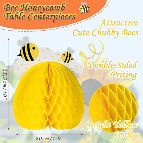 EASY JOY 4Pcs Bee Honeycomb Centerpieces Yellow Table Centerpieces Decorations Spring Tissue Paper Honeycomb with Sunflower Stickers for Bee Themed Garden Party Baby Shower Birthday Party Decorations - Image 3