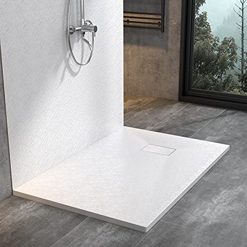 STEINHIRSCH Receveur de douche SMC - 80 x 90 cm - Blanc - Aspect pierre - Antidérapant - Hauteur : 3,2 cm - Faible seuil - Très plat Cover