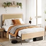 IDEALHOUSE Queen Size Bed Frame with Rattan Headboard, Platform Bed Frame with Safe Rounded Corners, Strong Metal Slats Support, Mattress Foundation, Noise-Free, No Box Spring Needed,Oak