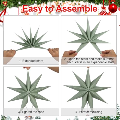 Image of 12 Inches 5 PCS Sage Green Paper Star Lanterns Christmas Party Decorations Hanging Stars Christmas Party Decorations Wedding Birthday Christmas Home Party Decorations(9 Pointed)