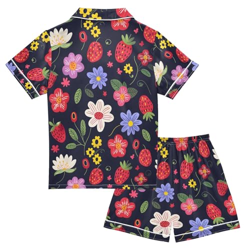 ALAZA Flower Strawberry Floral Black Pajamas Satin Pajama Set Short Sleeve Button Down Sleepwear2