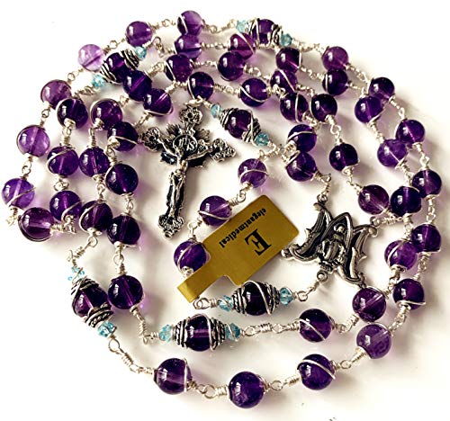 elegantmedical Handmade 925 Sterling Silver Wire Wrapped Amethyst Rosary Beads Necklace Cross & Gift Box2
