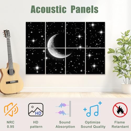 8 Paneles Acústicos Decorativos para Absorción de Sonido con Diseño Espacio Exterior Galaxia, Cielo Nocturno, Luna, Estrellas, Auto Adhesivos para Estudios de Grabación y Oficina 48"x32" miniatura 3