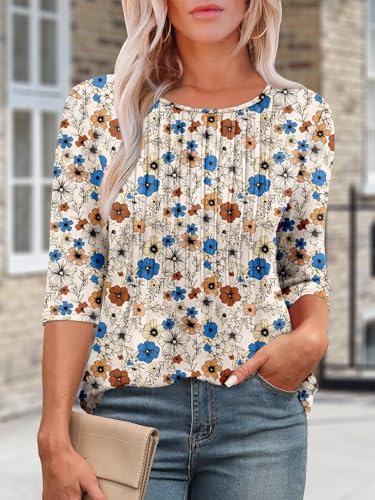 KISSMODA Tunic Tops for Women Loose Fit Dressy Round Neck Pleated 3/4 Length Sleeve Spring Tops