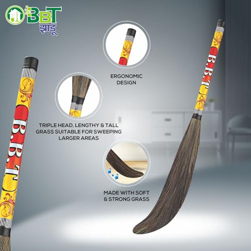Image of BBT Phool Jhadu | Natural Grass Broom Stick for Home Cleaning | Eco-Friendly Long Handle Jhadu | Anti Dust, Lightweight & Durable Pack of- (2, Gold)