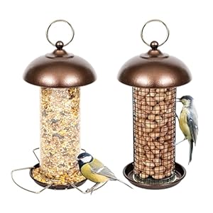 iBorn Metal Bird Feeders Hanging Peanut Mesh For Small Birds, Wild Birds Seed Feeder, Peanut Bird Feeder for Mix Seeds, Mini Seed Feed X1 & Nut Feeders X1, Copper Set of 2