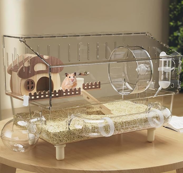 Acrylic Hamster Cage with all accessories 2-Layer House with full transparent Viewing, Top Open Mouse Cage for Pet Mice, large Habitat for Dwarf Hamster, Gerbils
