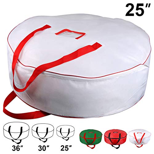 TQS 25" Christmas Wreath Storage Bag - Xmas Large Wreath Container - Reinforced Wide Handle and Double Sleek Zipper - Heavy Duty Protect Your Party Decorations Garland - White