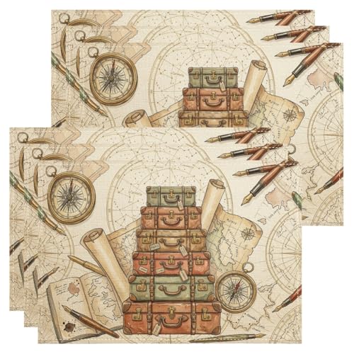 Lot de 6 sets de table vintage en forme de valises nautiques marron sur le thème des voyages pour table de salle à manger, aventure, antidérapants,...