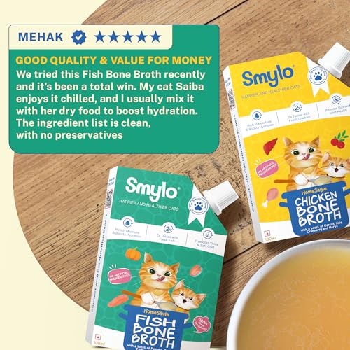 Image of Smylo Daily Hydration Booster, Fish Bone Broth for Cats (100ml x 10 Packs) | Best with Dry Food | Rich in Collagen for Bones & Joints | Omega 3 & 6 for Shiny Fur & Coat | Cat Food Topper