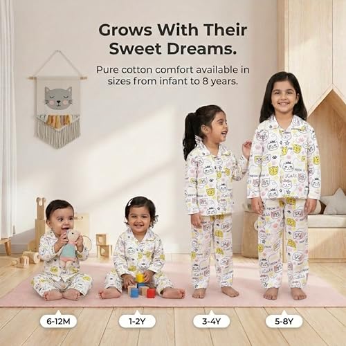 Image of The Mom Store Kids Cotton Night Suit for Boys and Girls | Breathable Night Dress for Kids Boys and Girls | Printed Nightsuit Pajama Set | Comfortable All-Season Sleepwear for Daily Use | Combo Set