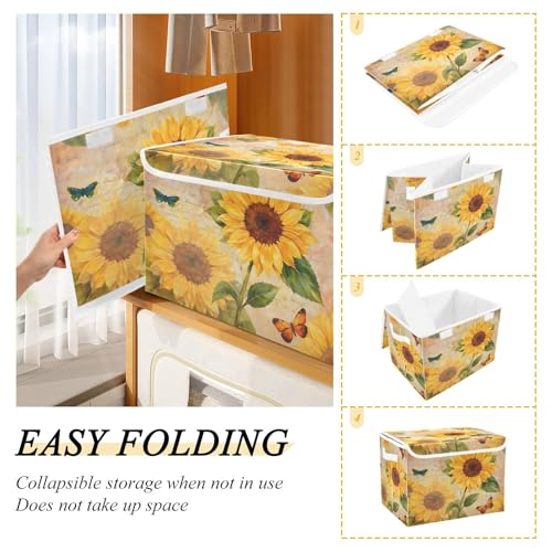 SUABO Vintage Sunflower and Butterfly Storage Bin with Lid Large Oxford Cloth Storage Boxes Foldable Home Cube Baskets Closet Organizers for Nursery Bedroom Office by SUABO - Used condition - Image 4