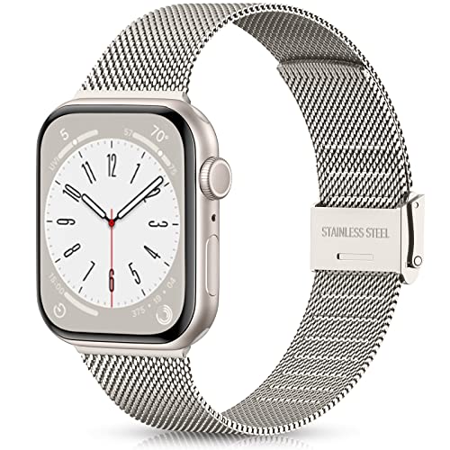 Ouwegaga Correa Compatible con Apple Watch Correa 38mm 40mm 41mm 42mm 44mm 45mm, Correa de Metal de Acero Inoxidable Compatible con iWatch Series 9 8 7 6 5 4 3 2 1 SE, 38mm/40mm/41mm BlancoEstrella