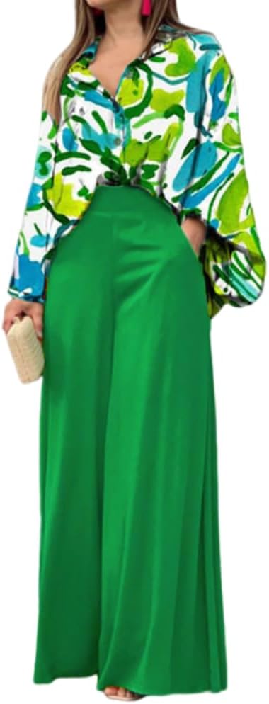 ZOCAVIA Womens 2 Piece Outfits Boho Floral V Neck Long Sleeve Button Down Shirt Casual Loose Wide Long Palazzo Pants Sets