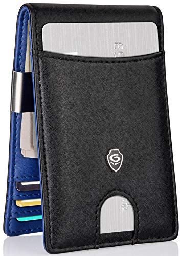 BrandName GILKO Mens Slim Bifold Money Clip Wallet w/Credit Card Holder- RFID Blocking - Leather - Easy Access Slot - Extra Credit Card Bifold - w/Elegant Gift Box. Roei Model - Black/Royal Blue