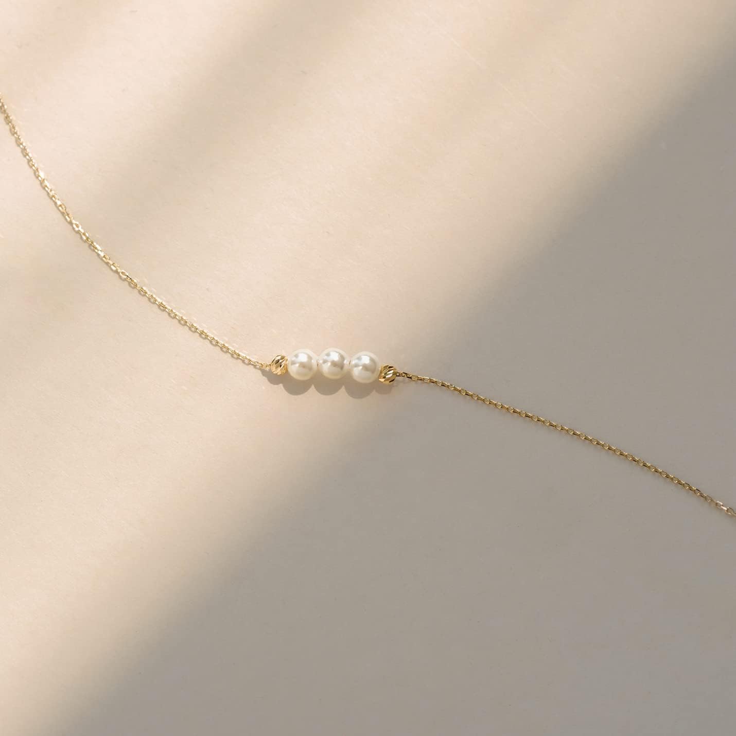 Gelin 3.5-4 mm Pearl Station Bracelet in 10kt Yellow Gold, Simple Pearl Bracelet, Trendy Cute 10k Gold Bracelet Jewelry for Women, 6+1 inches, Adjustable - Image 3