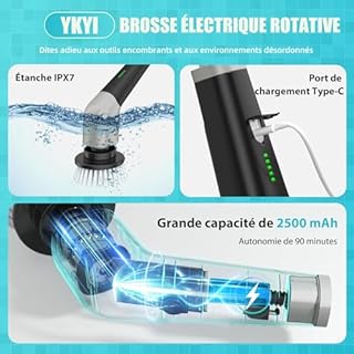 YKYI Brosse électrique Nettoyage rotative avec 8 têtes, Manche Extensible, 2 Vitesses, Batterie 2500mAh, étanche IPX7 – Brosse Nettoyage Salle de Bain et Cuisine