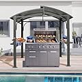 Domi Hardtop Grill Gazebo 8x5FT, Outdoor BBQ Gazebo with Galvanized Steel Double Roof, Permanent Sun Shade Grill Canopy Shelter with 2 Side Shelves and Ceiling Hook for Patio Yard Garden (Grey)