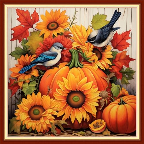 Image of Findvoor Stamped Cross Stitch Kits for Beginners Full Range of Cross Stitching Embroidery Pattern for Adults, 11CT DIY Needlepoint Embroidery Starter Kits-Pumpkin Bird 17.7x17.7 inch