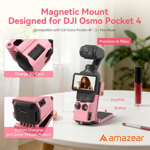 AMAZEAR Magnetic Mount Stand Compatible with DJI Osmo Pocket 4P/4/3/Xtra Muse, Pocket4 Accessories Adapter Clamp Magnet Suction Case Holder on Desktop/Vertical Surface, 180° Adjustable Handle, Pink by AMAZEAR - Used condition - Image 2