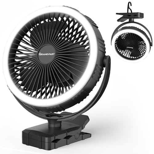 GRANDFAST 10000mAh Battery Operated Fan, 8" Portable Clip On Fan with hook & Light, USB-C Rechargeable Golf Cart Fan, Outdoor Fan for Travel Camping Beach Boat Office Bedroom Hurricane Power Outage