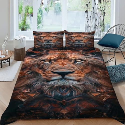 Housse de couette lion 3 pièces 260x220cm en microfibre douce avec fermeture éclair pour lit adulte