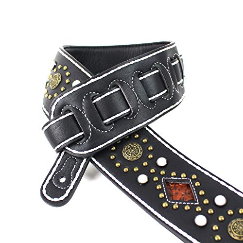 Walker And Williams GTR-20-WHT Sedona Sangle rembourrée avec rivets et rivets Noir - Les Beatles, Paul McCartney, John Lennon, RIngo Starr, George Harrison Walker And Williams GTR-20-WHT Sedona Sangle rembourrée avec rivets et rivets Noir – Image 3