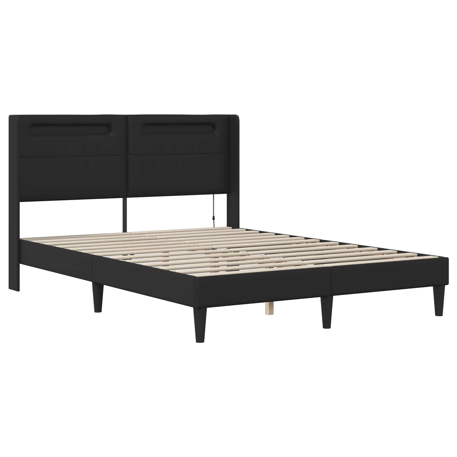 Rama łóżka z materacem, czarna, 160 x 200 cm, sztuczna skóra, stabilny mebel do spania z oświetleniem LED, złącze USB, ergonomiczny materac ze sprężynami kieszeniowymi, stelaż pod materac