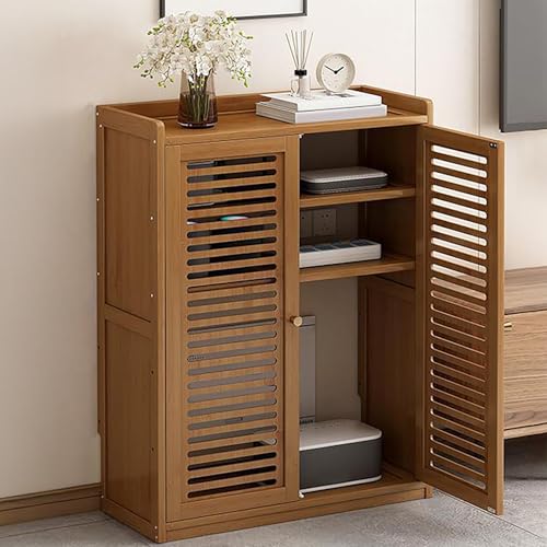 Armario de almacenamiento de bambú con WiFi y estantes ajustables, caja decorativa para proyector, estante Doubeck para el hogar y la oficina, 2 puertas, elegante color marrón (59 x 25 x 82 cm)