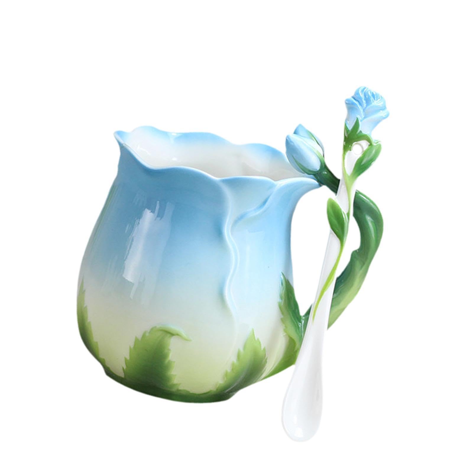 Ceramiczny kubek do kawy z łyżeczką, 10,8 uncji, niebieska porcelana, kubek poranny do latte, soków, gorących napojów, mlecznej herbaty, kubek popołudniowy z motywem kwiatowym(Blue)