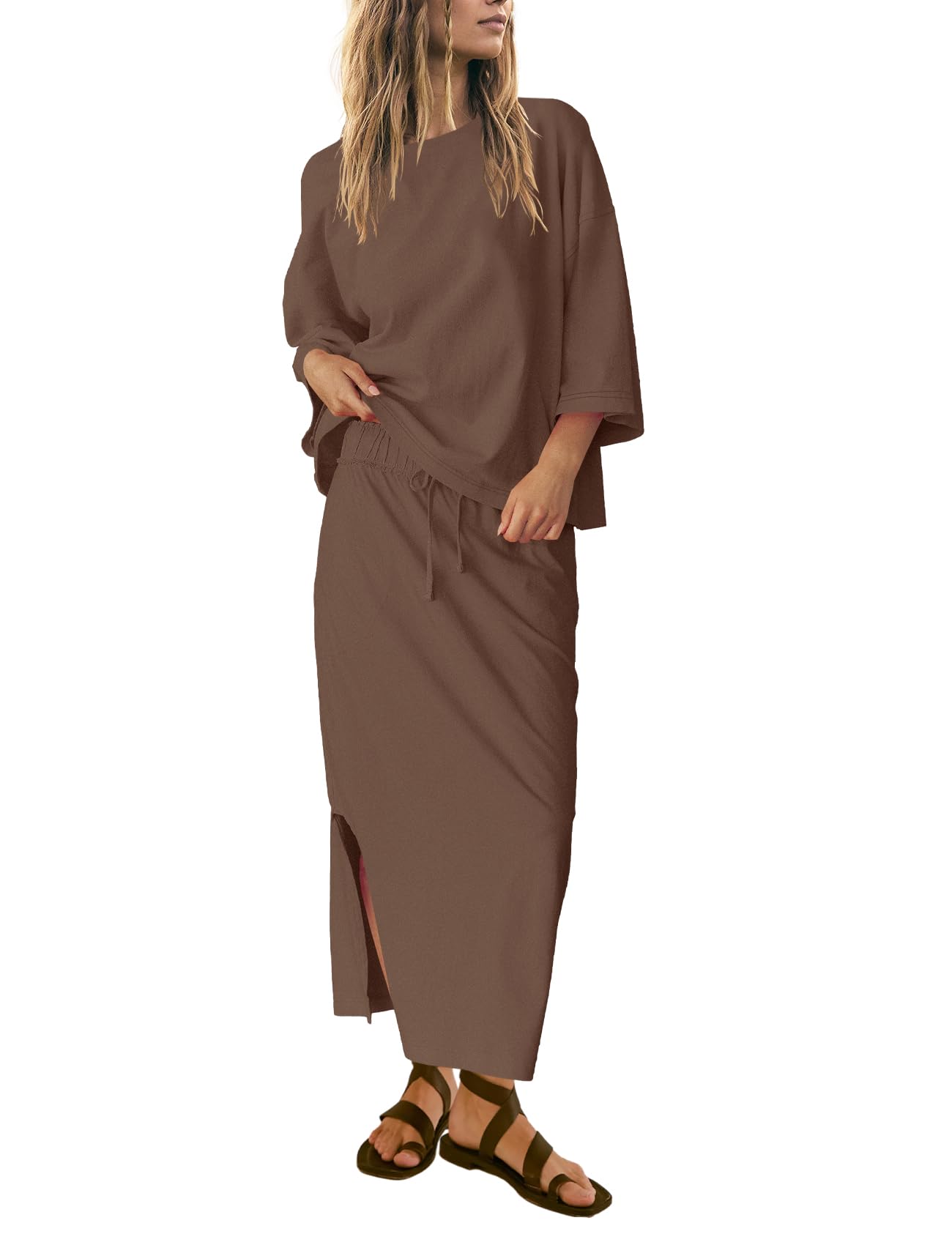 SENSERISE Womens 2 Piece Outfits Oversized Top and Maxi Skirt Set Summer Matching Sets Travel Vacation Outfits