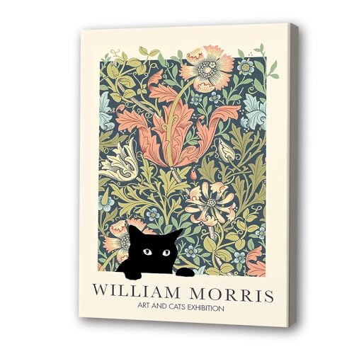 Thcbme Cat Wall Art Black Cat In A Flower Botanical Canvas Print William Morris Retro Artwork Poster for Room Aesthetic Living Room Bathroom Bedroom wall Decor 12x16inch FRAMED