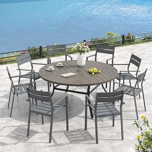 Image of VICLLAX 53 inch Round Outdoor Table, Patio Dining Table for 8 with Umbrella Hole for Garden Lawn Deck Backyard, Antique Grey