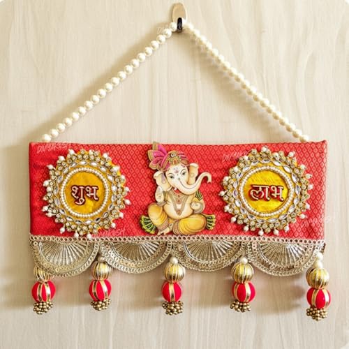 Image of Divyakosh Traditional Ganesh Shubh Labh Door Hanging with Pearl String, Red and Gold Design, Decorative Tassels, 30 x 18 cm