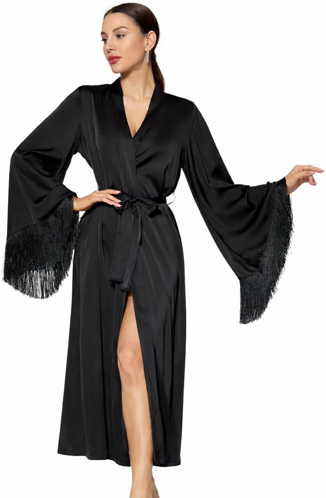 Women Long Satin Robe with Fringe Sleeves Kimono Dressing Gown Belted Elegant Bridal Robe