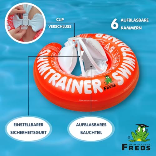 FREDS SWIM ACADEMY SWIMTRAINER Classic Rot - Schwimmtrainer für Kinder von 3 Monaten bis 4 Jahren, aufblasbare Schwimmhilfe zur Gewöhnung an das Wasser, für Anfänger