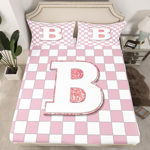 Image of Erosebridal Pink Initial B Bed Sheets Queen Kawaii Plaid Checkered Sheet Set Cute Personalized Monogram Bedding Set for Kids Girls Teen Women,Fashion Grids Gingham Fitted Flat Sheets 4 Piece