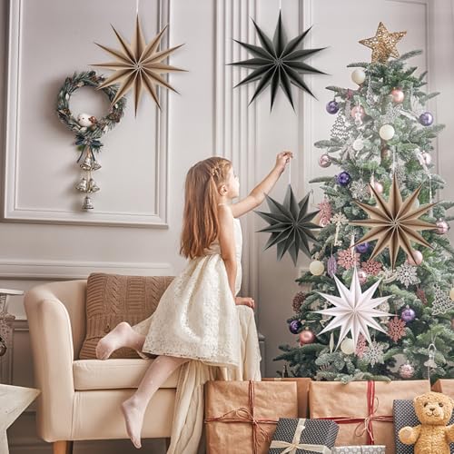 Image of 12 Inches 5 PCS Brown Grey White Paper Star Lanterns Christmas Hanging Lamp Rustic Paper Decorations Shade Wedding Birthday Christmas Home Party Decorations(12 Pointed)