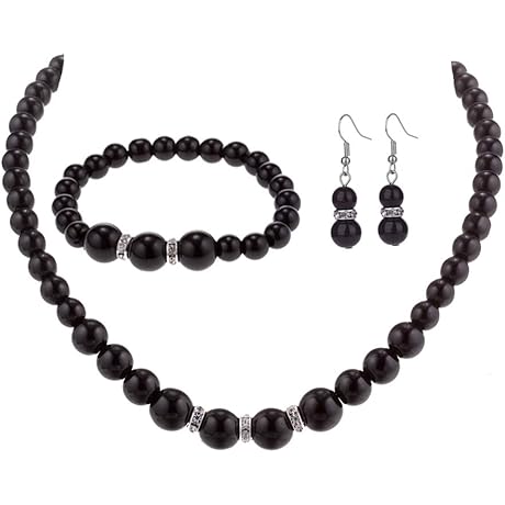 Classic Black Pearl Necklace Earring and Bracelet Set for Women