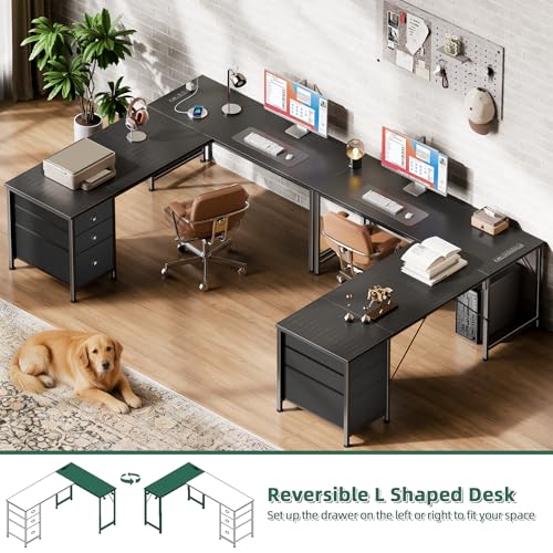 Image of Furologee 63 inch L Shaped Desk with Power Outlets & USB-C Port, Reversible Corner Computer Desk with 3 Fabric Drawers, Hooks, Large Home Office Desk for Gaming, Writing, Work, Black
