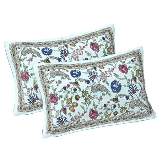 Image of Living Roots Jaipuri Hand Block Print Double Cotton Bedsheet & 2 Pillow Covers, for Mattress Upto 8 inches Thick, No Colour Bleeding, Blue Colour, Super King Size 96 * 104 inches, 150TC (574-B)